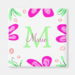 Pink flower monogram add name letter green leaf magnet