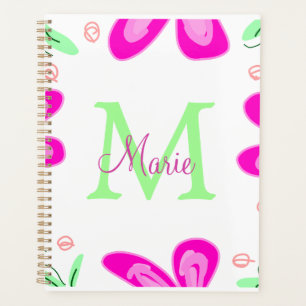 Pink flower monogram add name letter green leaf planner