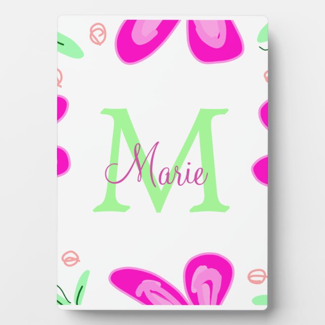 Pink flower monogram add name letter green leaf plaque (Front)