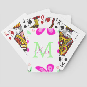 Pink flower monogram add name letter green leaf playing cards