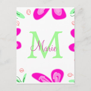 Pink flower monogram add name letter green leaf postcard