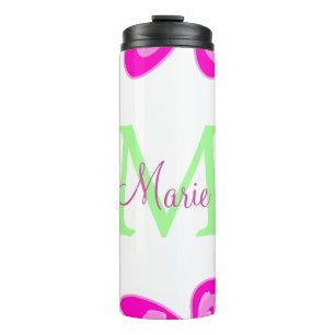 Pink flower monogram add name letter green leaf thermal tumbler