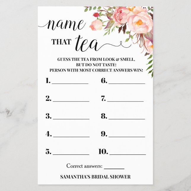 Pink Flower Name the Spice Bridal Shower Game Card (Front)