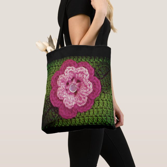 Pink Flower Natural Green Artisan Crochet Print Tote Bag (Close Up)