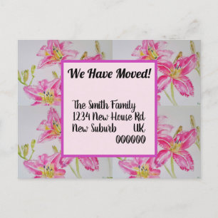 Pink Flower New Address Postcard, We Are Moving Postcard