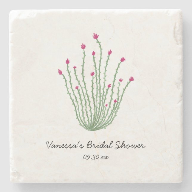 Pink Flower Ocotillo Cactus Bridal Shower Stone Coaster (Front)
