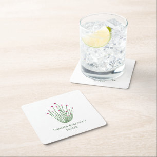 Pink Flower Ocotillo Cactus Wedding Cocktail Hour Square Paper Coaster