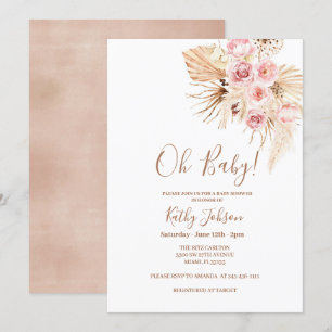 Pink Flower Pampas Grass Boho Chic Baby Shower  Invitation