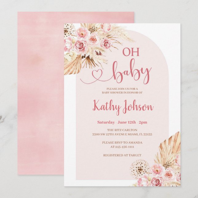 Pink Flower Pampas Grass Boho Oh Baby Shower  Invitation (Front/Back)