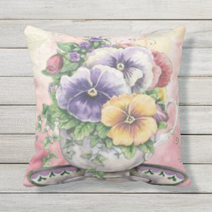 pink flower pansy teacup  outdoor or indoor cushion