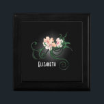 Pink Flower Personalised Bridesmaid Gif Gift Box<br><div class="desc">A personalised jewellery / trinket box for your bridesmaids. The design is an illustration of some delicate pink blossoming flowers with green swirlies and leaves on a black background. Light grey shading creates a glowing effect around the flowers which accentuates and illuminates. Personalise / customise with the names in your...</div>
