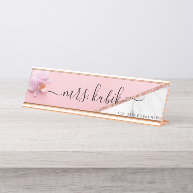 Pink Flower Personalised Teacher Desk Name Plate (Front)