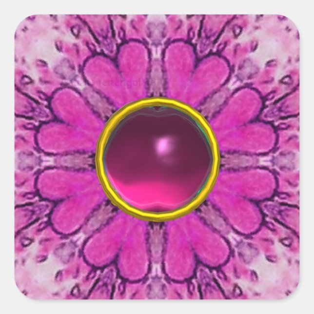 PINK FLOWER PETALS,FLORAL HEARTS AND RUBY GEMSTONE SQUARE STICKER (Front)