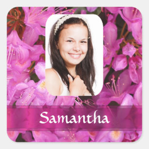 Pink flower photo template square sticker