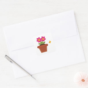 Pink Flower Pot with Butterfly Square Sticker