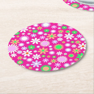 Pink Flower Power Round Paper Coaster
