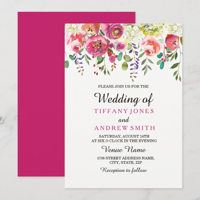 Pink Flower Pretty Tropical Wedding Invitation (Front/Back)