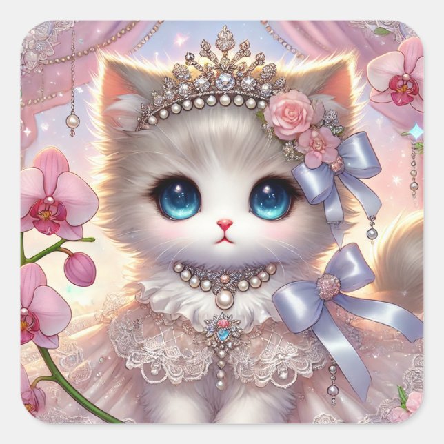 Pink Flower Princess Cat Square Sticker (Front)