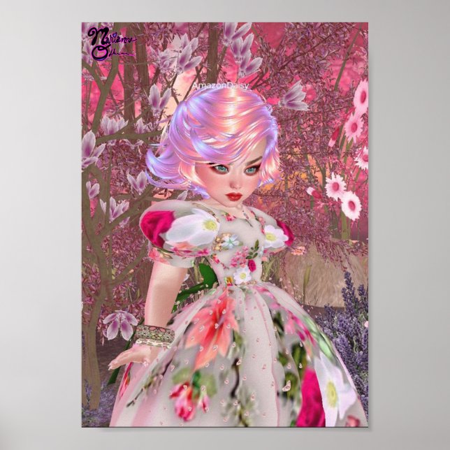 Pink Flower Princess With Magnolias Portrait Art Poster (Front)