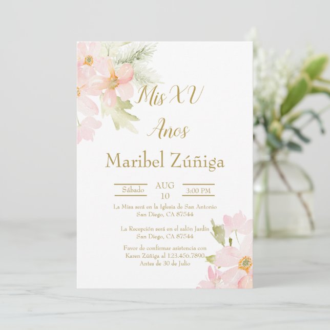 Pink flower Quinceanera invitation (Standing Front)