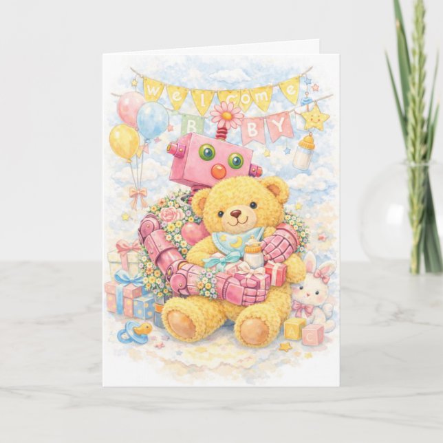 Pink Flower Robot & Teddy – Welcome Baby Shower Card (Front)