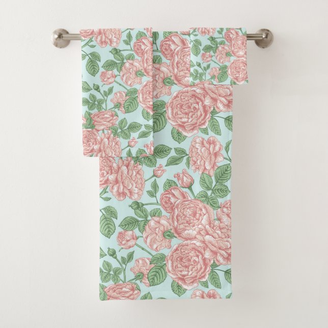 Pink Flower Rose Garden Bouquet Pattern Bath Towel Set (Insitu)
