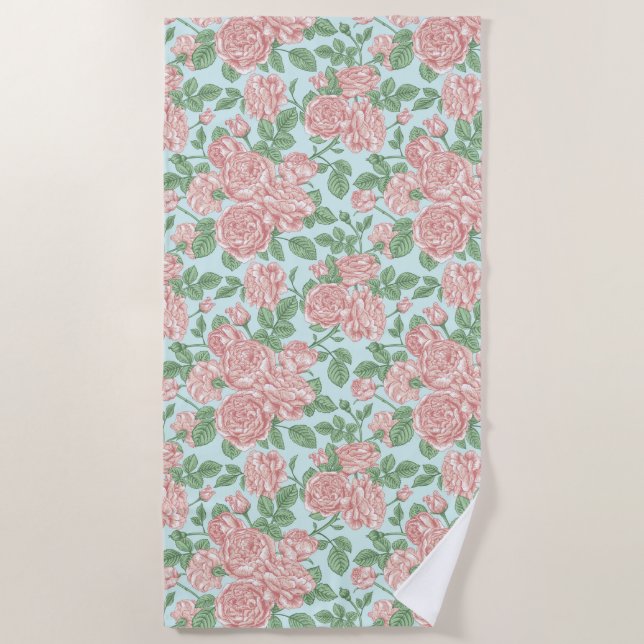 Pink Flower Rose Garden Bouquet Pattern Beach Towel (Front)