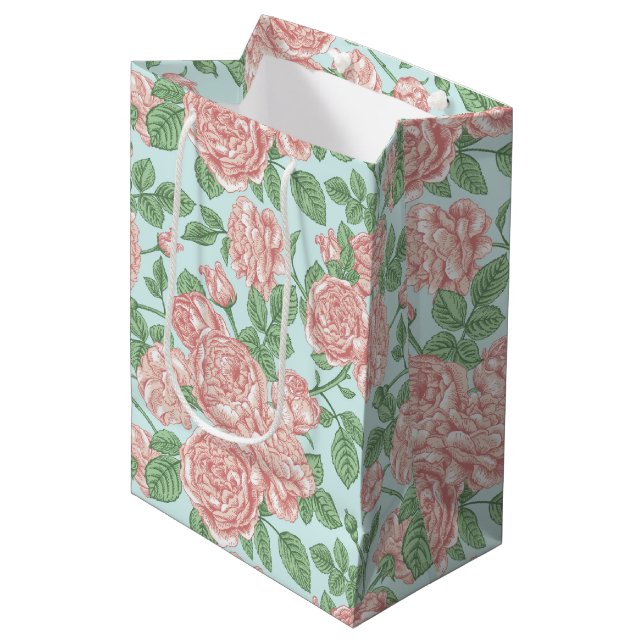Pink Flower Rose Garden Bouquet Pattern Medium Gift Bag (Front Angled)