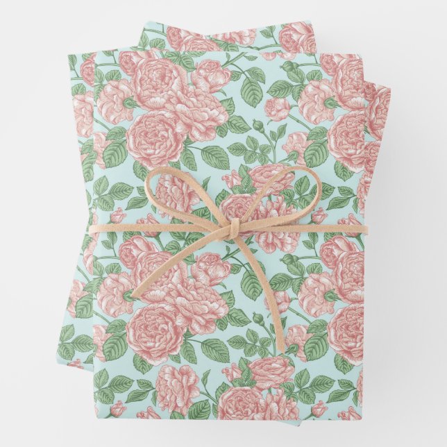 Pink Flower Rose Garden Bouquet Pattern Wrapping Paper Sheet (In situ)
