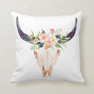Pink Flower Rustic Bull Skull Cushion