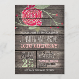 Pink Flower, Rustic Country 40th Birthday Party Invitation