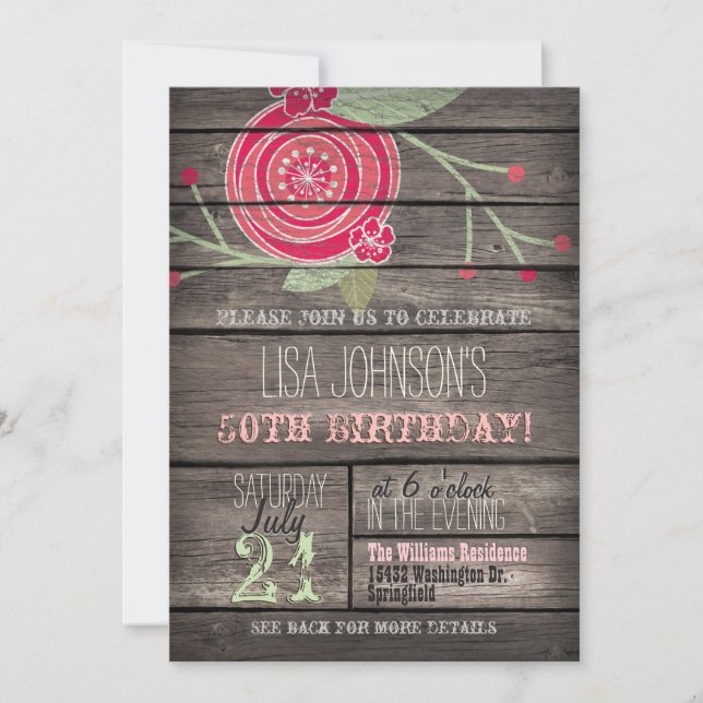 Pink Flower, Rustic Country 50th Birthday Party Invitation (Front)