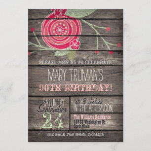 Pink Flower, Rustic Country 90th Birthday Party Invitation
