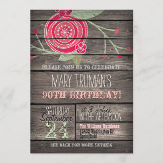 Pink Flower, Rustic Country 90th Birthday Party Invitation