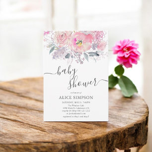 Pink Flower Script Girl Baby Shower Invitation