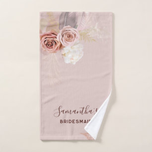 Pink Flower Script Terracotta Bridesmaid Hand Towel