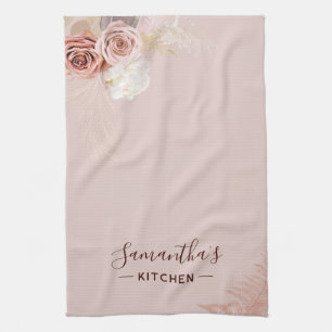 Pink Flower Script Terracotta Personalised Tea Towel