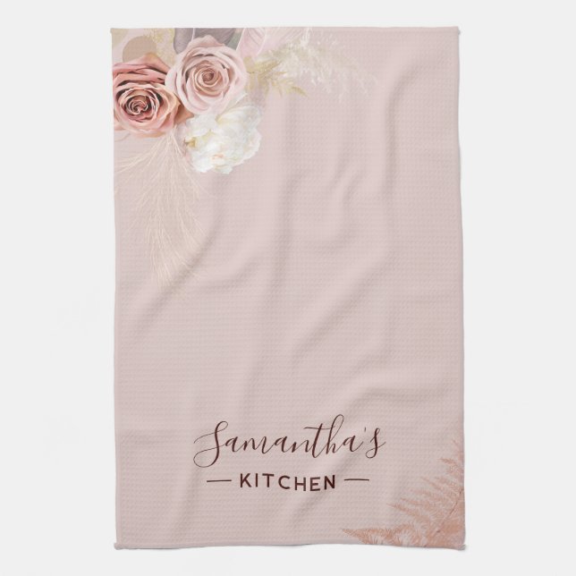 Pink Flower Script Terracotta Personalised Tea Towel (Vertical)