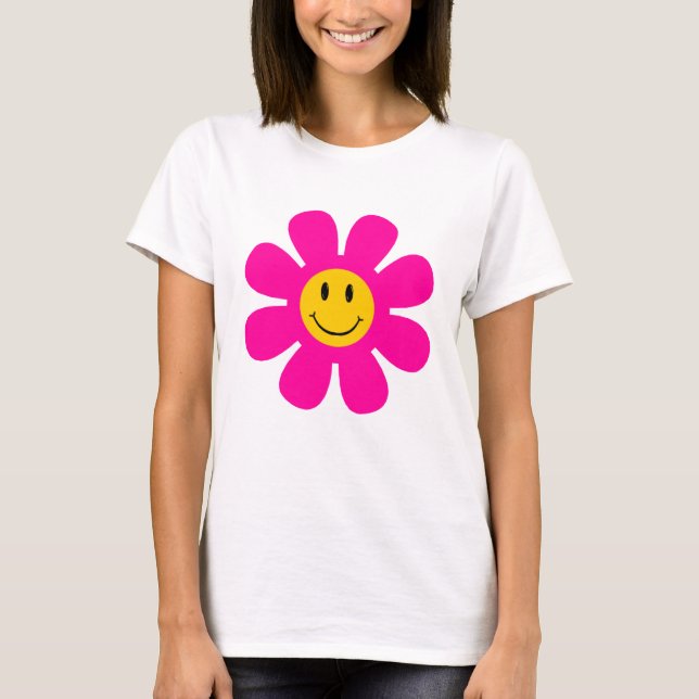 Pink Flower Smiling Face T-Shirt (Front)
