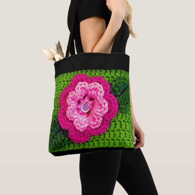 Pink Flower Spring Green Artisan Crochet Print     Tote Bag (Close Up)