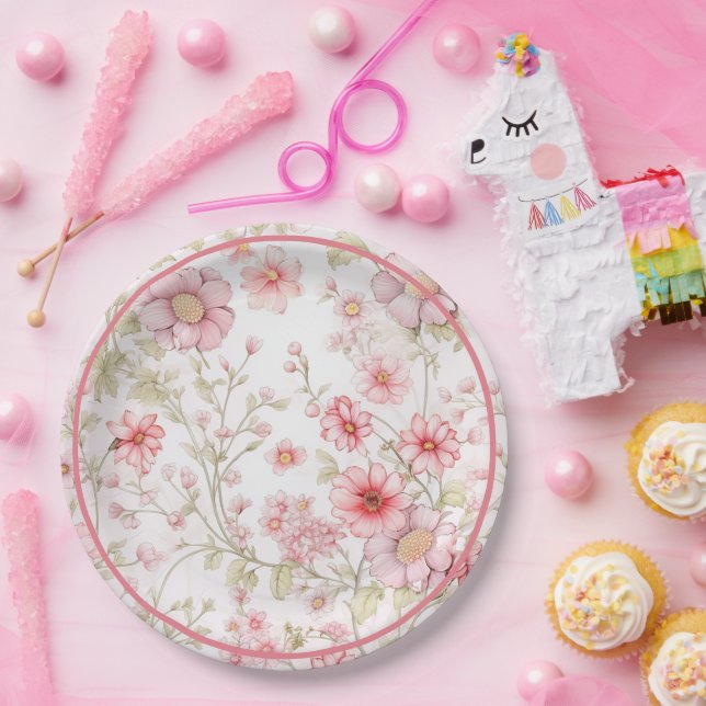 Pink Flower Stems  Paper Plate (Party)