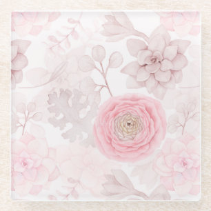 Pink Flower Succulent Illustration Summer Pattern Glass Coaster