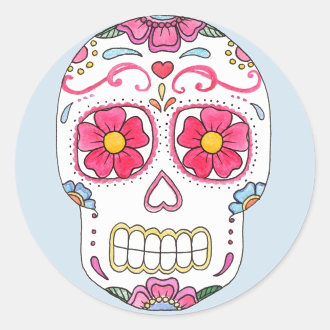 Pink Flower Sugar Skull Classic Round Sticker (Front)
