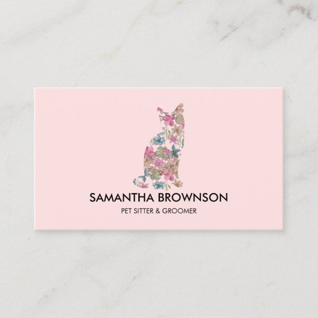 Pink Flower Texture Cat Pet Sitting Business Card (Front)