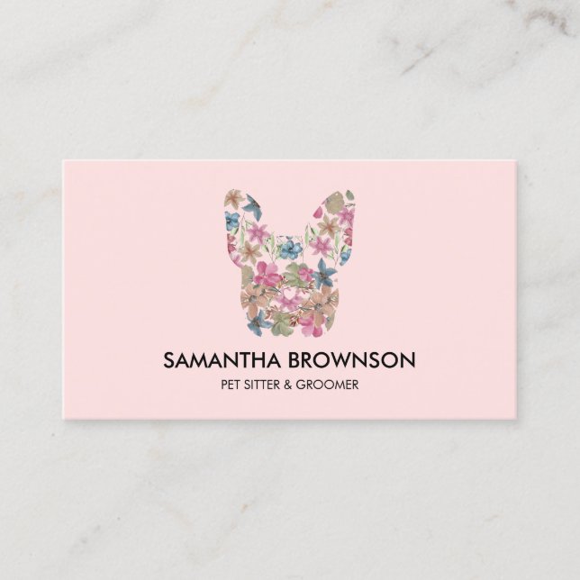 Pink Flower Texture French BullDog Pet Sitting Business Card (Front)