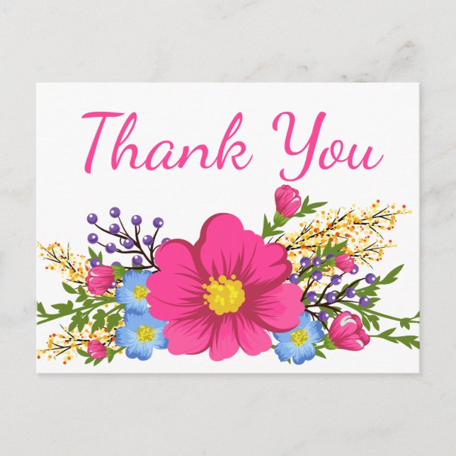 Pink Flower Thank You Watercolor Flowers Wedding Postcard (Front)