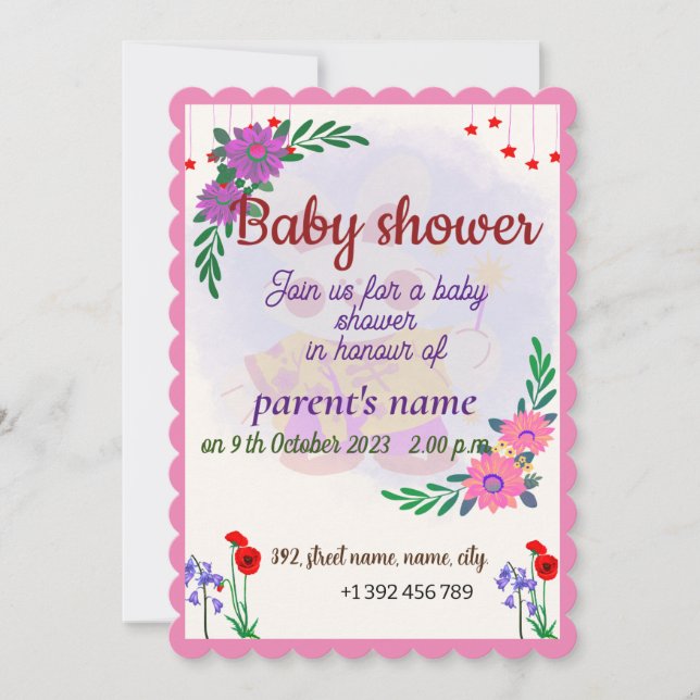 PINK FLOWER THEMED BOHO BABY SHOWER  CUSTOMISED  INVITATION (Front)