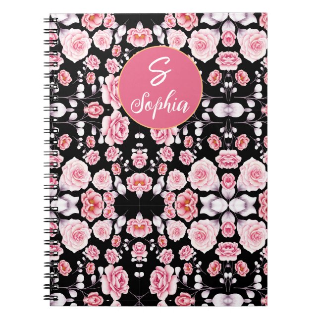 pink flower vintage pattern | Custom Monogram Notebook (Front)