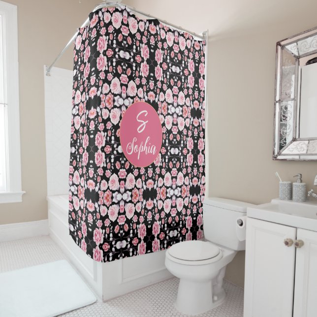pink flower vintage pattern | Custom Monogram Shower Curtain (In Situ)