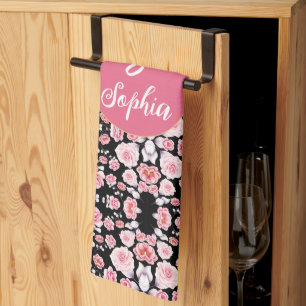 pink flower vintage pattern Custom Monogram Tea Towel